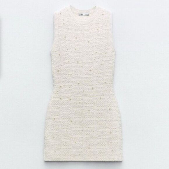 NWT ZARA TWEED PEARL TEXTURED MINI DRESS - Picture 11 of 11